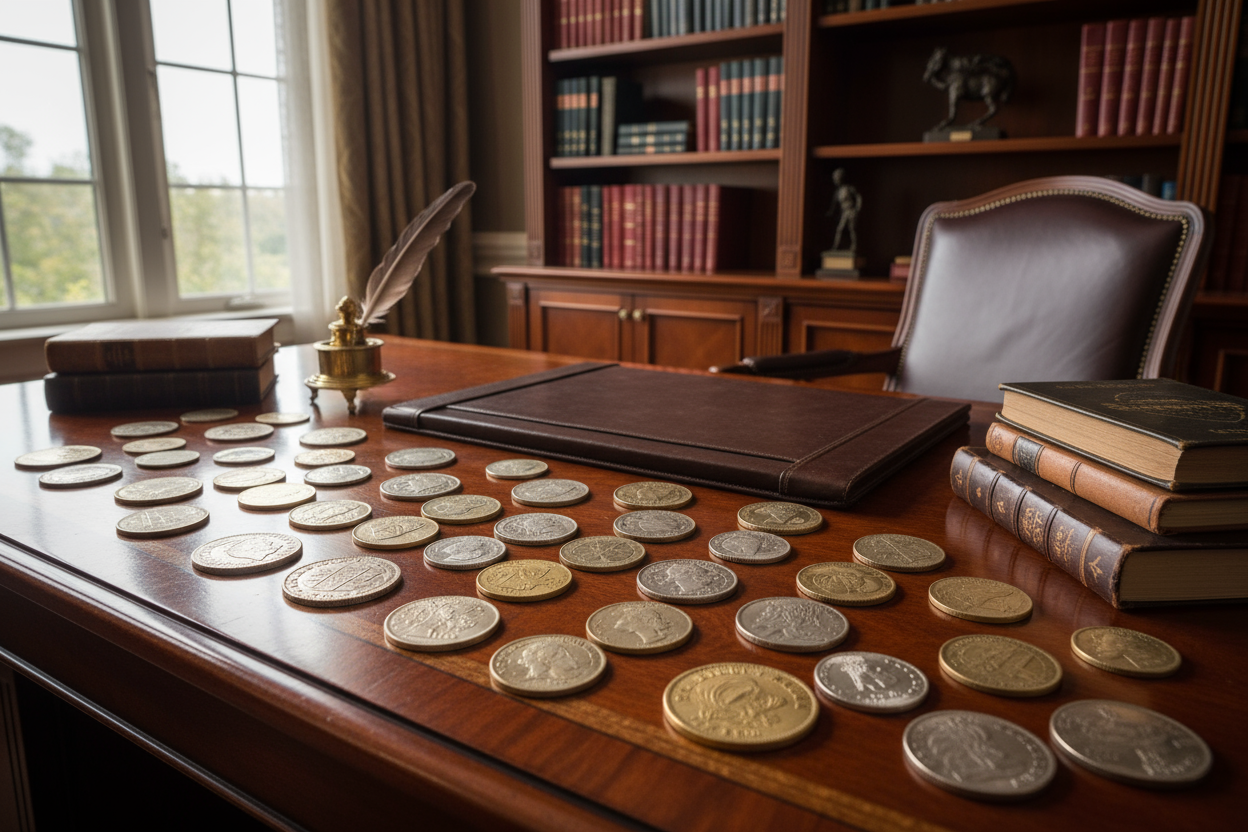 collectible coins spread across and executive style desk
